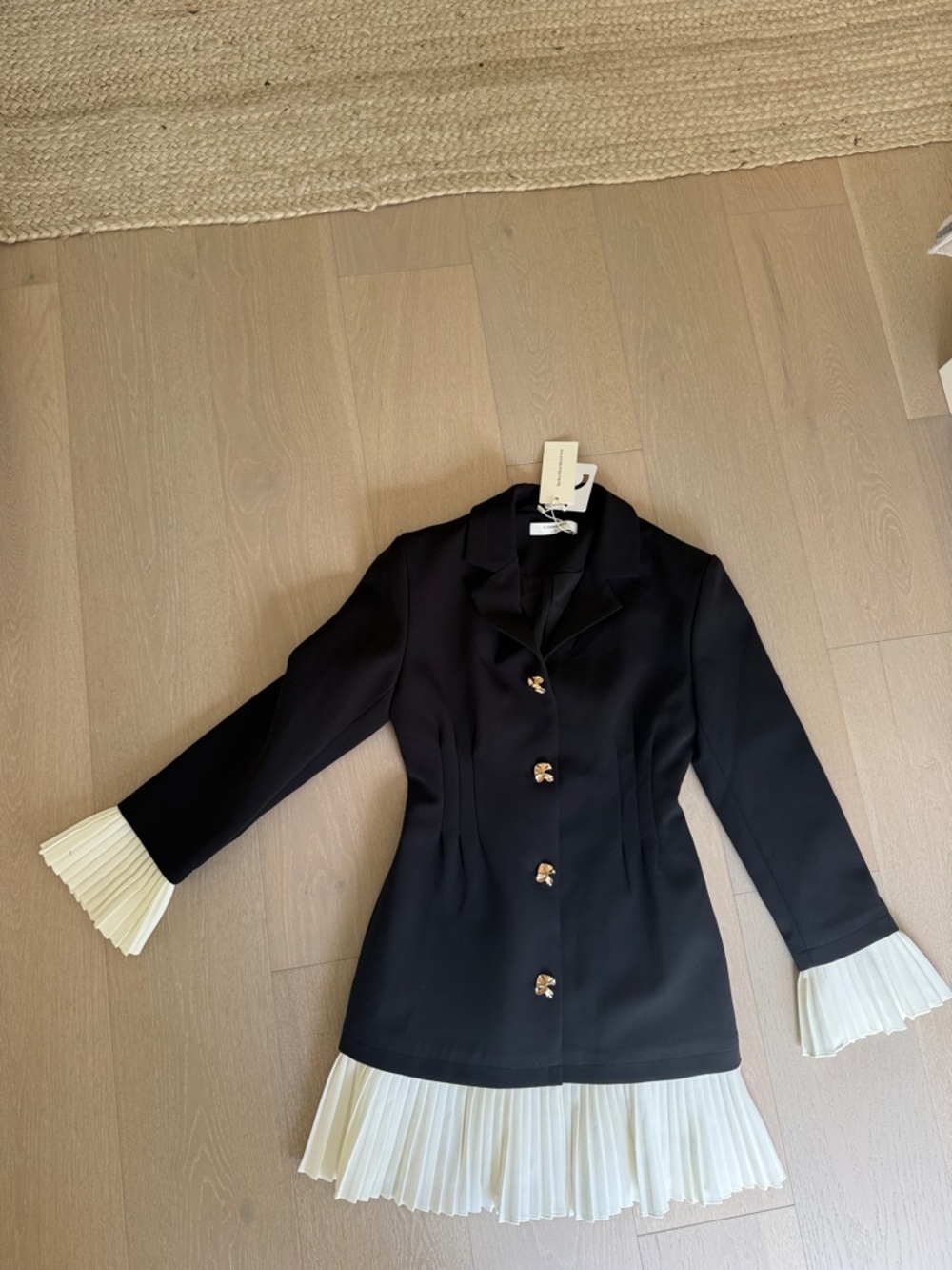 Commense Black Midi Dress with White Pleated Trim and Gold Buttons - Picture 3 of 5